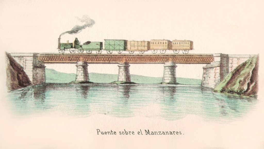 Puente del ferrocarril de Madrid a Aranjuez sobre el Manzanares, en un grabado de 1851