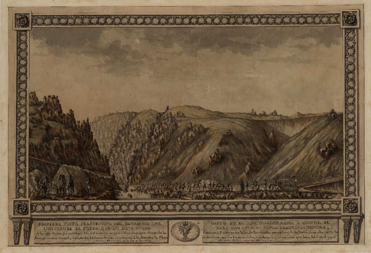 Dibujo de la presa de El Gasco, la gran obra inacabada del canal del Guadarrama, de finales del siglo XVIII