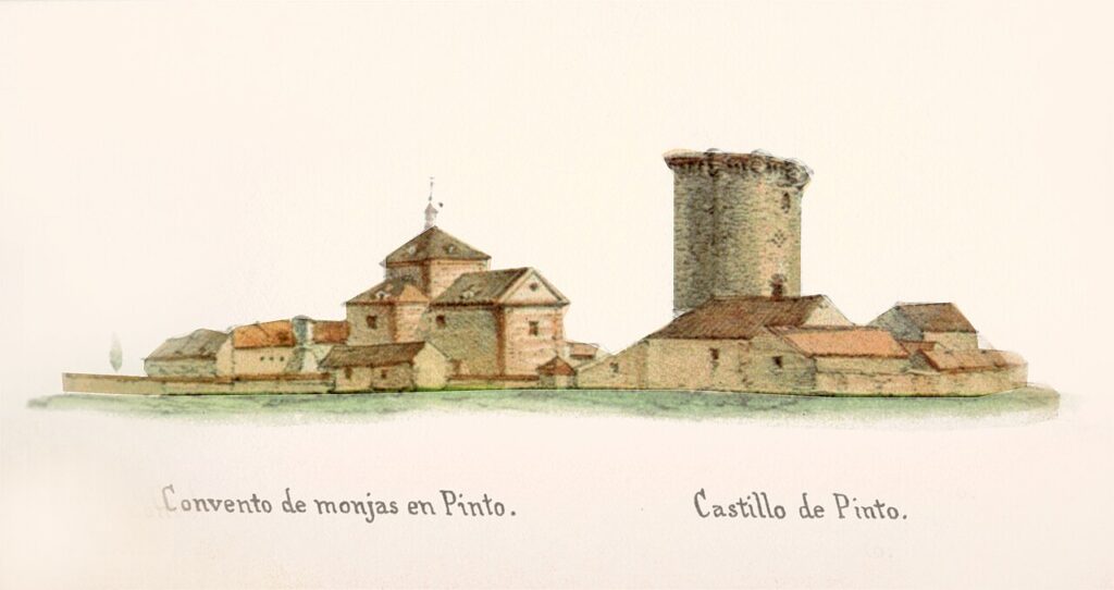 Vista de Pinto en 1851, con el convento de las capuchinas y el torreón de Éboli