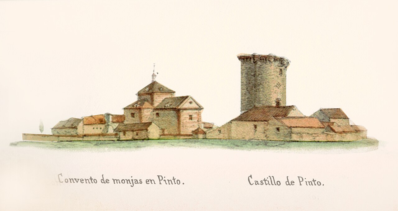 Vista de Pinto en 1851, con el convento de las capuchinas y el torreón de Éboli