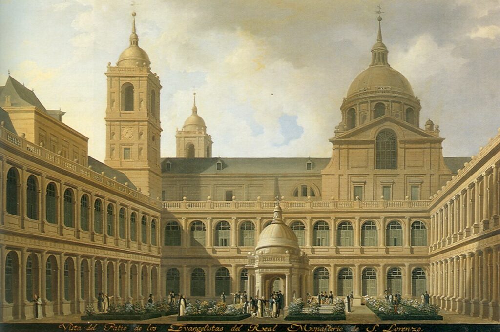 El Patio de los Evangelistas en una litografía de Brambilla de hacia 1830