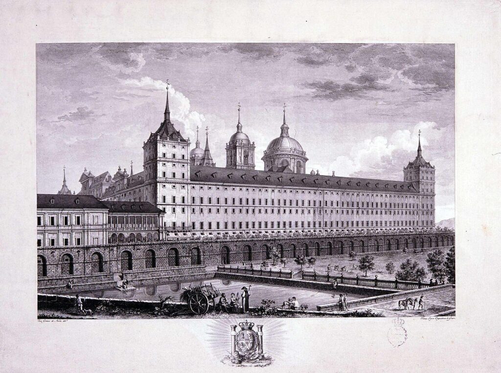El Monasterio de El Escorial en un grabado de Tomás López Enguídanos de hacia 1800