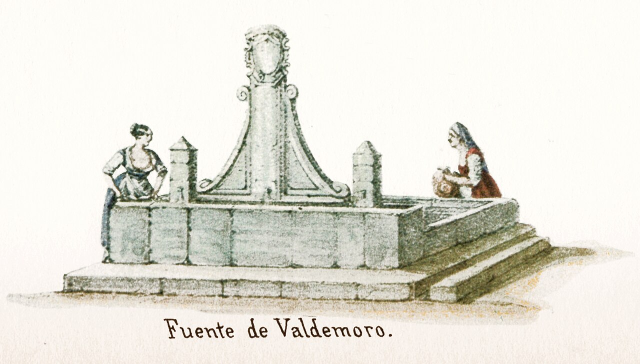 Mujeres cogiendo agua en la Fuente de la Villa, en una litografía de 1851, el año en que llegó el tren a Valdemoro