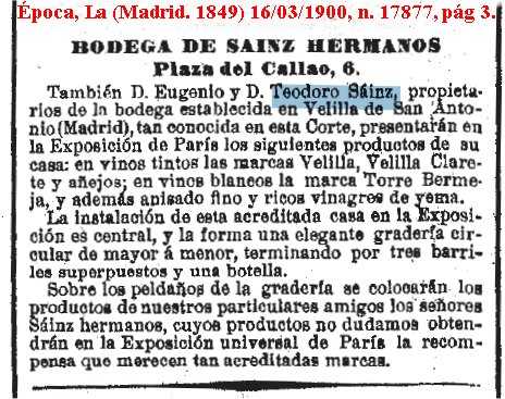Publicidad de los vinos de Eugenio y Teodoro Sainz Romillo, de Velilla de San Antonio, hacia 1900